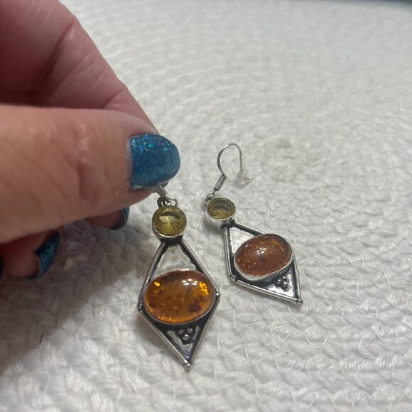 Beautiful AMBER & CITRINE Handmade Sterling 925 Dangle Earrings #284D - Picture 3 of 3